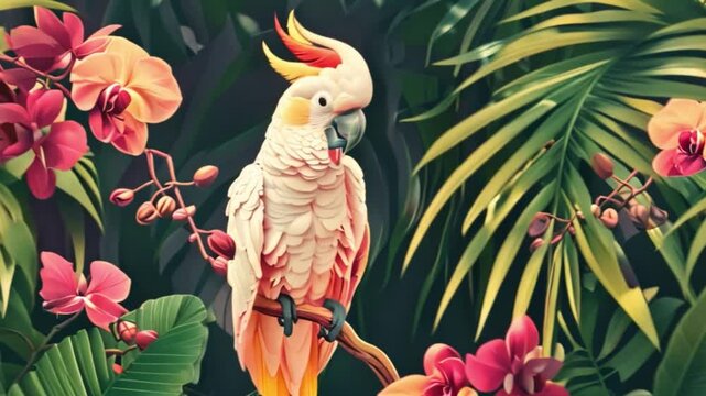 A white cockatoo with yellow and red crest sits perched on a branch amidst lush tropical foliage and vibrant pink and orange orchids.