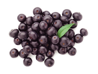 Fresh ripe acai berries and green leaf isolated on white, top view