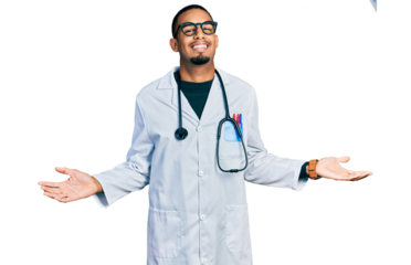 Young african american man wearing doctor uniform and stethoscope smiling showing both hands open palms, presenting and advertising comparison and balance