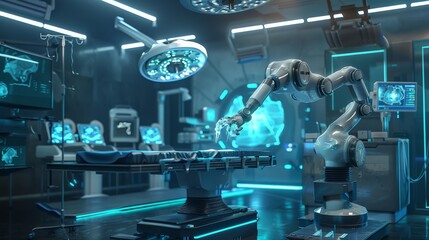 A futuristic hospital operating room with advanced surgical robots assisting in a complex procedure
