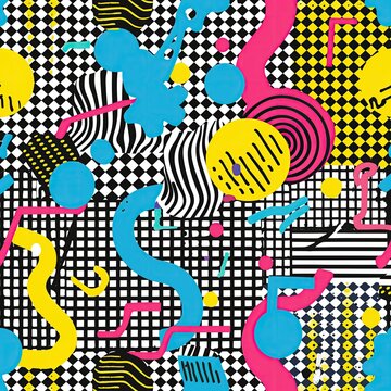Wild Throwback 80's Pattern Wallpaper, Vivid Colorful Abstract Background, Geometric Retro Art Backdrop, Vintage 1980s Bright Fun and Happy Shapes and Colors