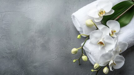 Plakat White towel and orchid branch on gray background with space for text