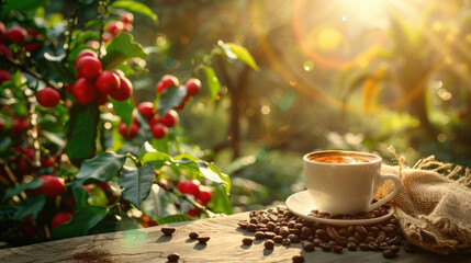 A cup of coffee and a burlap sack filled with beans on an outdoor table surrounded by lush greenery, including red fruit trees in the background