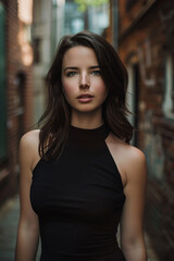 Fototapeta premium A young woman wearing a black dress walks down a narrow, brick alley. The light catches the curves of her dress and the glow of her skin.