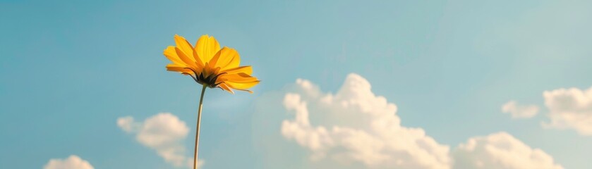 A single yellow daisy against a clear blue sky with white fluffy clouds, symbolizing simplicity, nature, and tranquility.