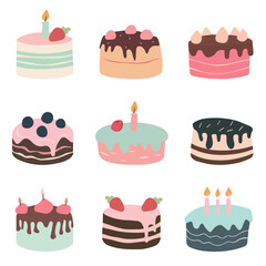 Cakes with candles isolated on white. Set of cakes. Vector for cards and stickers