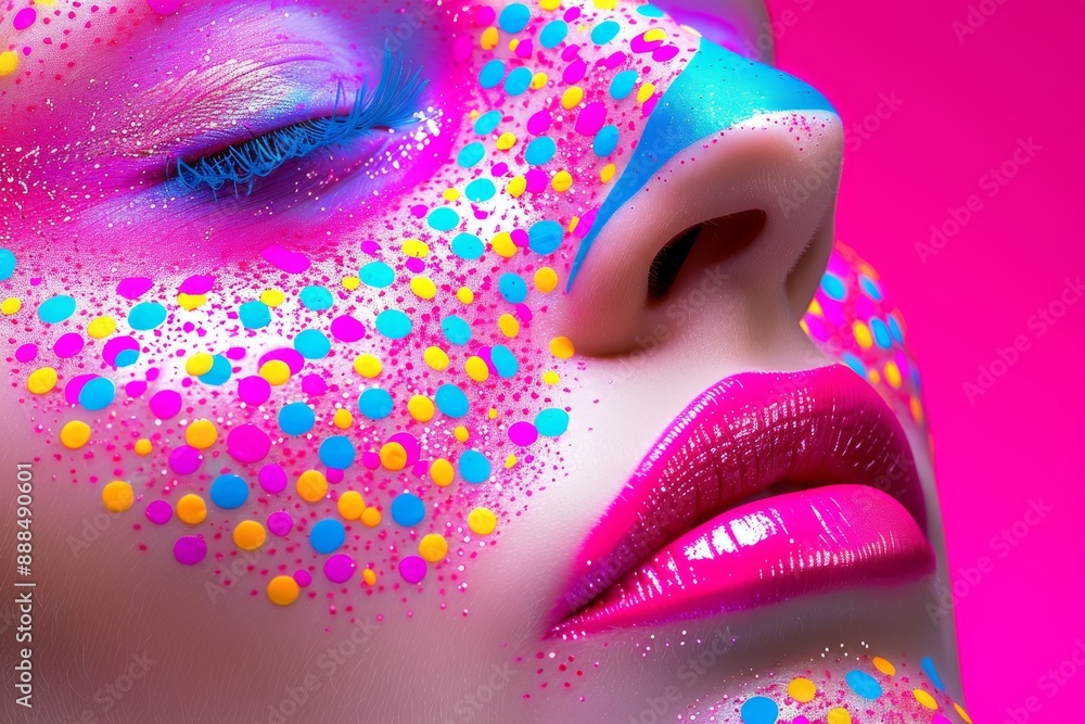 Poster closeup of womans face with colorful makeup and abstract patterns creating a vibrant and artistic vi
