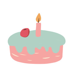 Hand drawn cake with candle isolated on white. Vector for cards and stickers.