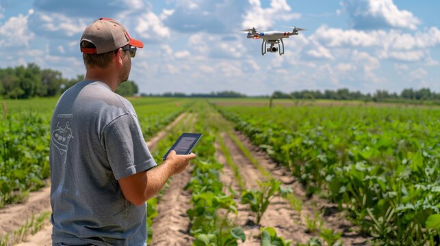 An Agricultural and Food Science Technician uses a drone to survey a vast agricultural field, collecting data for precision farming.