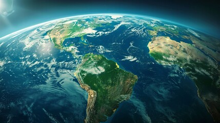 Fototapeta premium A stunning view of Earth from space, highlighting lush green continents, vast blue oceans, and cloud cover, emphasizing the planet's beauty and fragility in the vast cosmos.