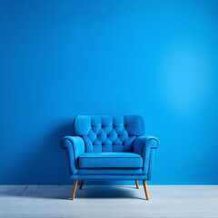 Studio background with blue wall and blue armchair