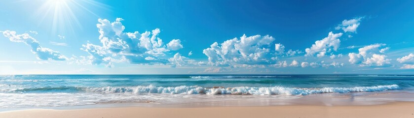Obraz premium Wide-angle view of a sandy beach with gentle waves and a clear blue sky filled with fluffy clouds.