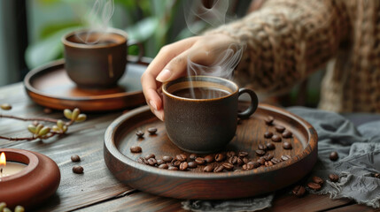 A person holding out their hands for coffee, with the tray featuring steaming black coffee and scattered beans in focus