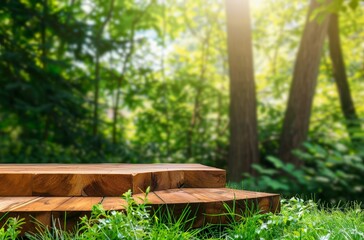 This UHD image showcases the natural beauty of a wooden podium amidst the vibrant tapestry of a garden forest.