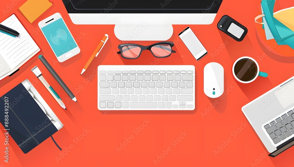 Poster flat lay of a workspace with a computer, keyboard, mouse, phone and more.