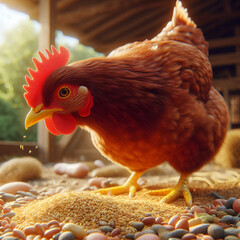 image of a chicken eating corn kernels