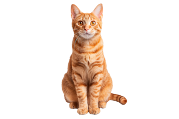 A ginger tabby cat sitting upright against a white background. This feline stands out with its prominent amber eyes that immediately draw attention.