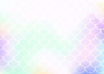 Holographic mermaid background with gradient scales. Bright color transitions. Fish tail banner and invitation. Underwater and sea pattern for girlie party. Iridescent back with holographic mermaid.