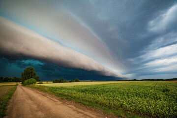Super shelf, arcus storm cloud over the fields in summer