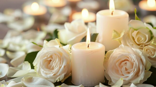 White Candles, Roses, and Petals: Funeral Memorial and Sympathy Card
