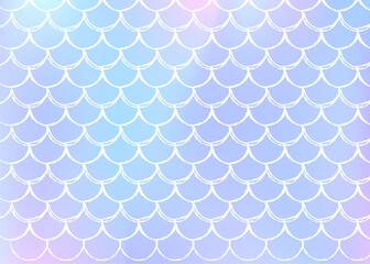 Holographic mermaid background with gradient scales. Bright color transitions. Fish tail banner and invitation. Underwater and sea pattern for girlie party. Neon back with holographic mermaid.