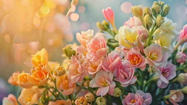 A close-up of a bouquet of freesia flowers in various shades of pink and yellow, bathed in soft sunlight.