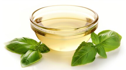White vinegar in a glass bowl accompanied by basil leaves isolated on white