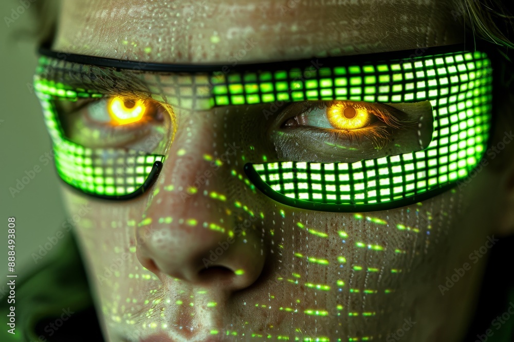 Aufkleber futuristic man with led mask in dark setting creating a bold and hightech visual