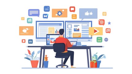 Man Working on Computer With Social Media Icons