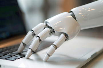 A robotic hand is typing on a laptop keyboard, generative ai image.