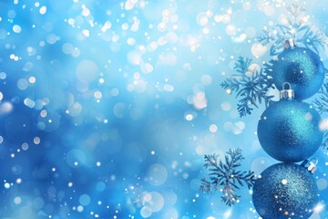 Blue Christmas background with ornaments and snowflakes