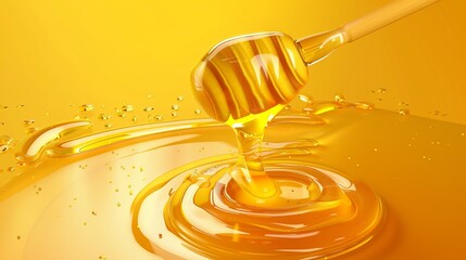 Realistic 3D vector illustration of a honey jar and dipper with liquid honey flowing into a puddle