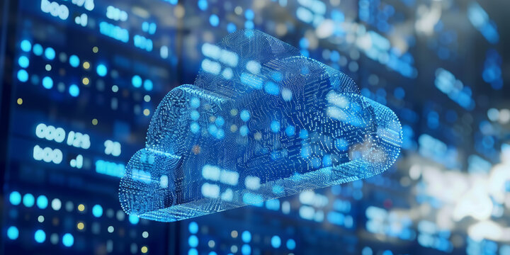Data storage and cloud computing technology concept with digital blue cloud symbol on abstract dark background. 3D rendering