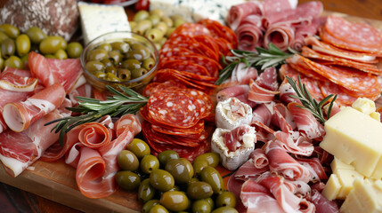 Classic charcuterie board with meats, cheeses and olives
