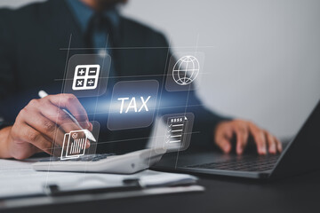Financial research, government taxes and calculation tax return concept. Businessman using the...