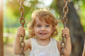 Girl swinging in the park, smiling happily.