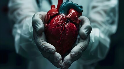 human heart in hand of  doctor, Concept of medicine, Heart disease awarness, heart transplant or organ donation. Cardiological checkup and treatment.