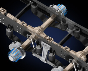 Isometric view of Semi truck frame, axle system on black background. Transparent composition. Generic design. 3D rendering image.