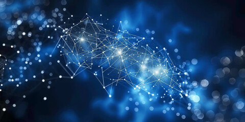 Abstract network connections with glowing dots and lines on a dark blue background, concept of digital technology, modern design template. 3D Rendering