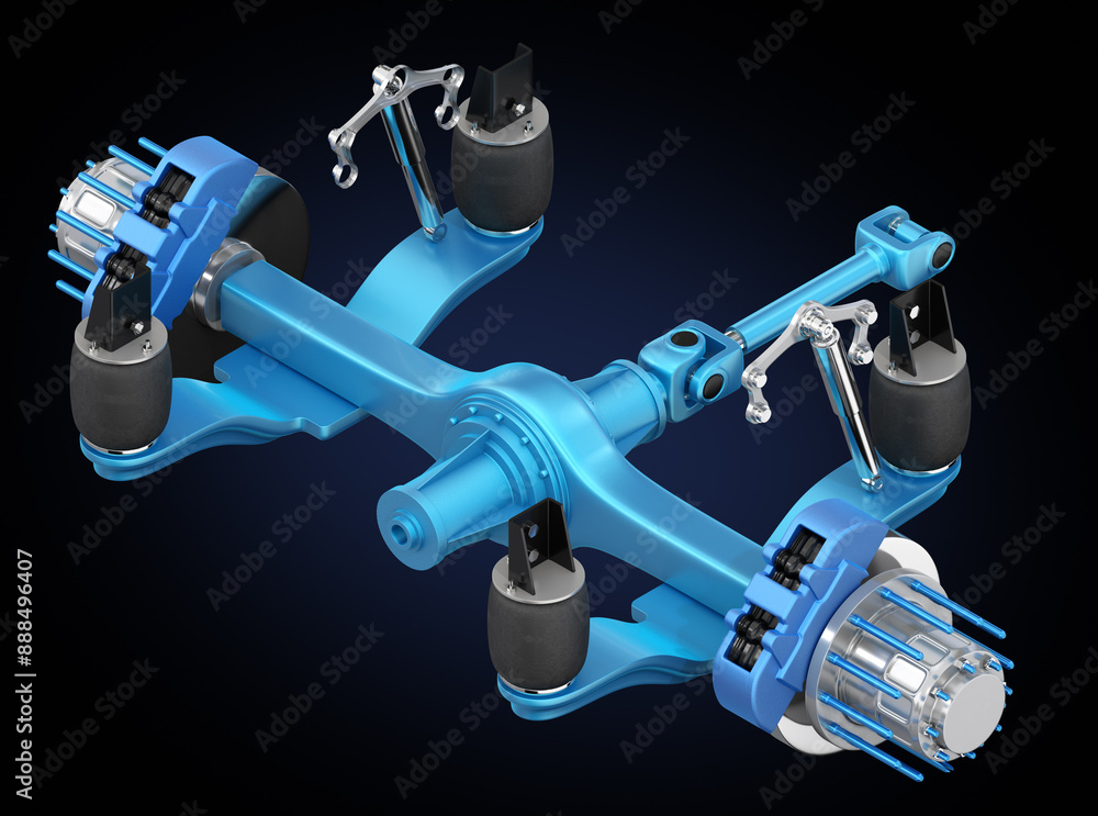 Aufkleber isometric view of semi truck axle system isolated on black background. generic design. 3d rendering 