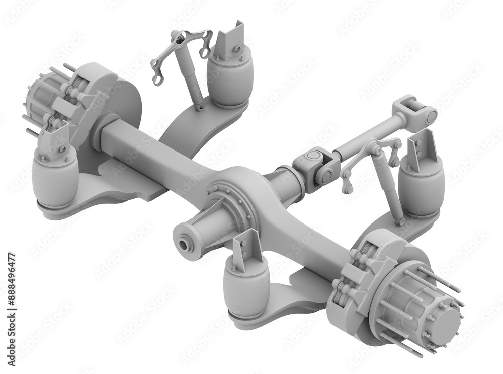 Poster clay rendering of semi truck air suspension and axle system on white background. generic design. iso