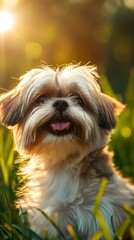 Close-up of a Shih-tzu puppy's adorable face with its tongue sticking out. Shih-tzu smiling happily on green grass with blurred background.