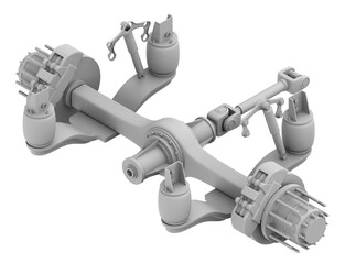 Clay rendering of Semi truck air suspension and axle system on white background. Generic design. Isometric view. 3D rendering image.