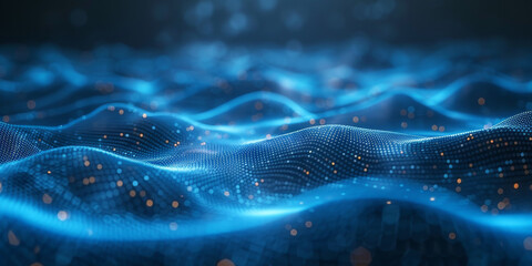 A digital abstract blue background with sparkling dots and flowing lines, representing a concept of connectivity. 