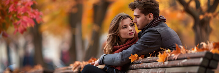 Romantic Autumn Moment: A couple enjoys a cozy, loving time together on a park bench surrounded by the vibrant colors of fall foliage.