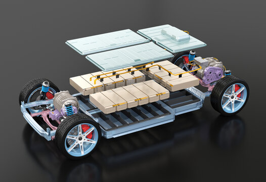 Exploded view of electric vehicle chassis equipped with battery pack on black background. Function parts in different color. 3D rendering image.