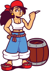 Pirate Girl holding a knife with a barrel behind her