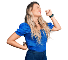 Young blonde woman wearing casual clothes stretching back, tired and relaxed, sleepy and yawning for early morning