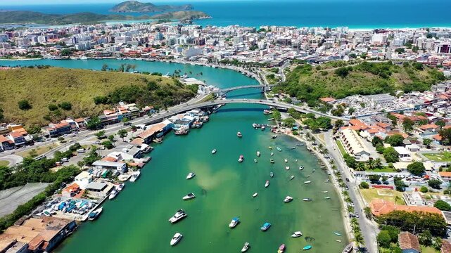 Scenic River At Cabo Frio Rio De Janeiro Brazil. Aerial View Of Stunning Beach With Crystal Clear Waters. Island Life Skyline Season Vibrant. Season Waterfront Shore. Cabo Frio Rio de Janeiro.