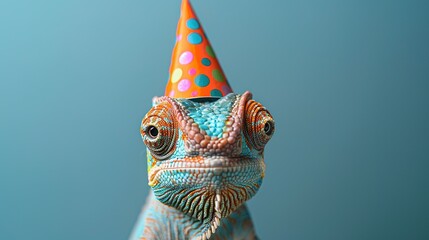 Funny Birthday Party Chameleon on a Blue Background